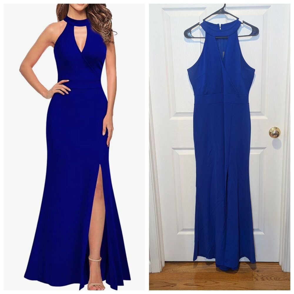 Glam Mermaid Royal Blue High Neck Maxi Dress with Keyhole Formal Evening‎ Gown